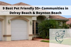 white overlay that says Best Pet Friendly 55 Communities in Delray Beach and Boynton Beach with a house and a dog on a white overlay