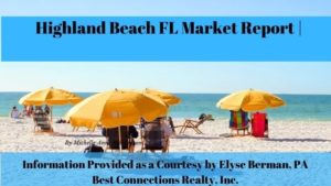 Yellow umbrellas with people underneath on a beach with blue overlay at the top with black text that say sHIghland Beach FL Market Report and blue overlay at the bottom that says information provided by elyse perman, pa - best connections realty inc.