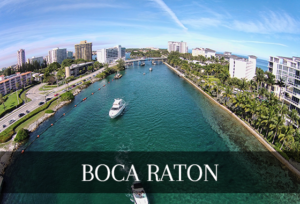 river in the middle with boat floating, with city on each side and black over lay at bottom with Boca Raton on top