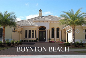 White home with palm trees in the front yard with black over lay with Boynton Beach on top in white
